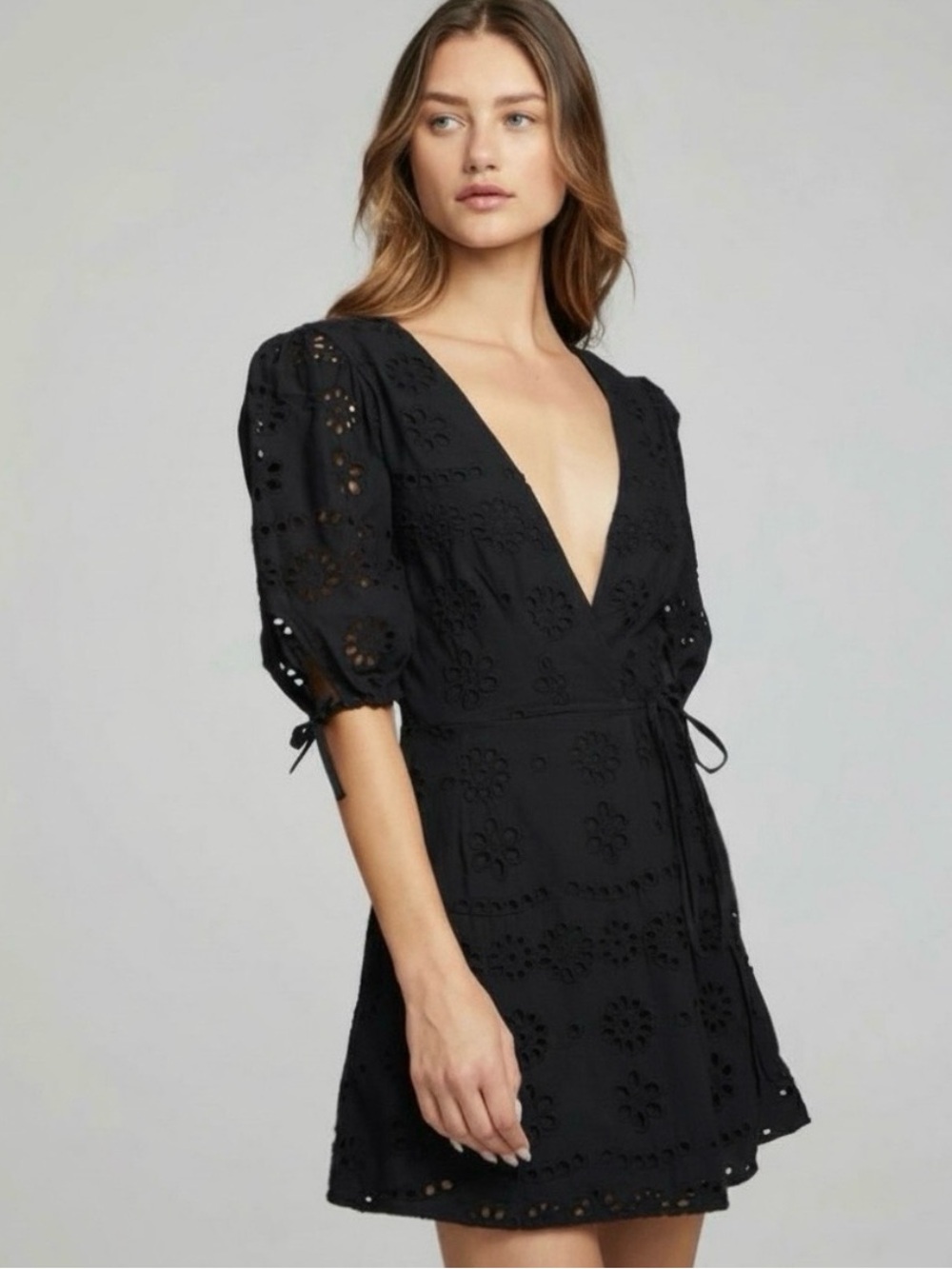 Revolve Chaser Cassia Mini Wrap Dress Black Eyelet Puff Sleeve Small